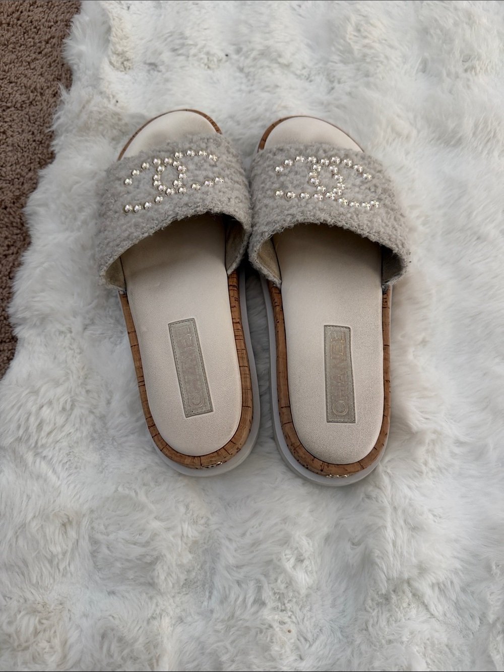 CHANEL Cream Faux-Fur Slide Sandals with Beaded CC